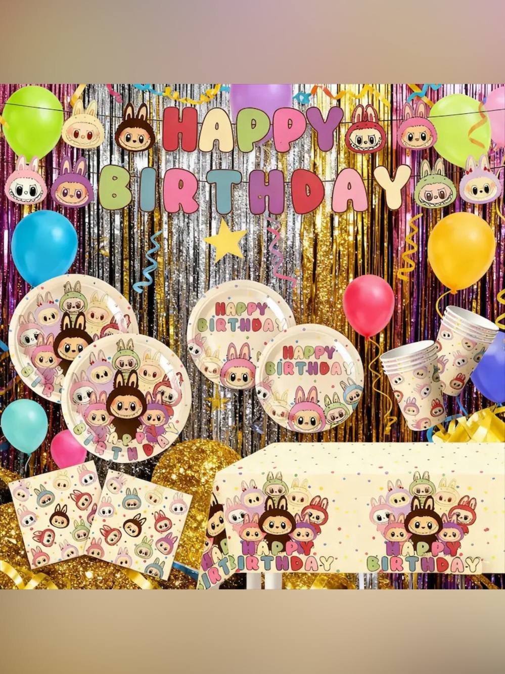 Labubu Character Happy Birthday Party Set - Pastel Multicolor